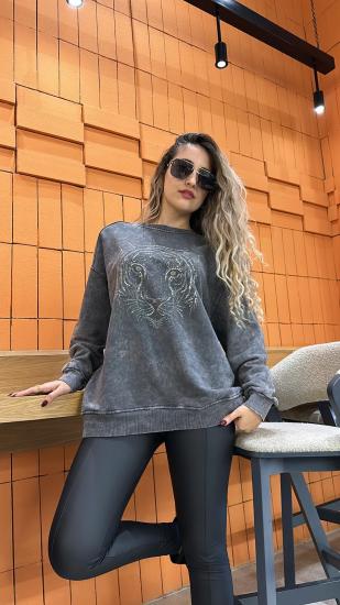 Taşlı kaplan detaylı sweatshirt